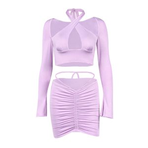 cut out long sleeve crop top and ruched mini skirt 2 piece set