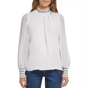 High Neck White Ruffle Chiffon Blouse
