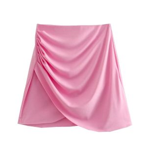 Pink Ruched Asymmetrical Mini Skirt