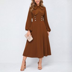 Long Puff Sleeve Office Midi Shirt Dress