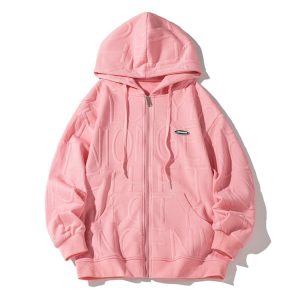 Custom Solid Embossed Zipper Hoodie-Pink