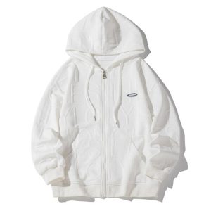 Custom Solid Embossed Zipper Hoodie-White