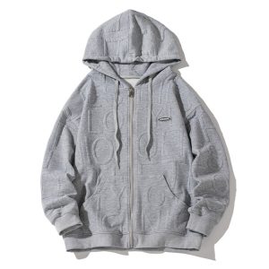 Custom Solid Embossed Zipper Hoodie-Grey