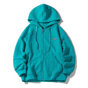 Custom Solid Embossed Zipper Hoodie-Green