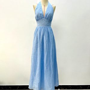 Embroidery Floral Halter V Neck Backless Maix Linen Dress – Blue