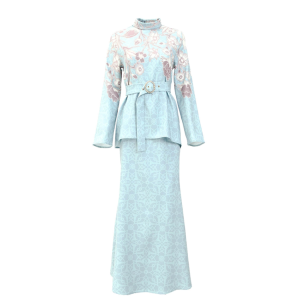 Floral Top And Skirt Baju Kurung – Light Blue