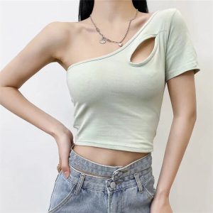 One Shoulder Cut Out Crop T Shirt