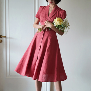 Linen Midi Women Elegant Dress – Red