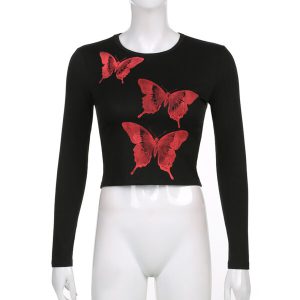 Customised Butterfly Print Long Sleeve Crop T-shirt