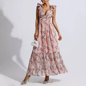 Floral print sleeveless ruffle maxi dress
