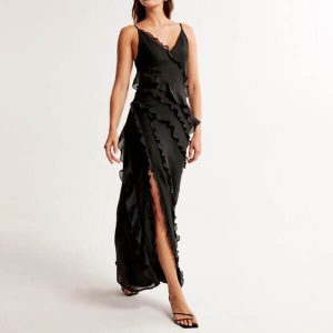 Spaghetti Strap Ruffle Slit Maxi Casual Dress
