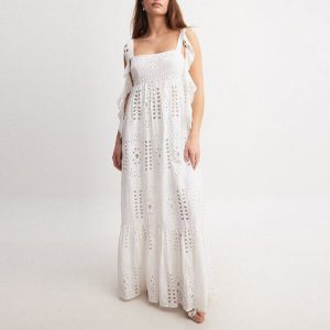 Embroidered Ruffle Shoulder Maxi Dress