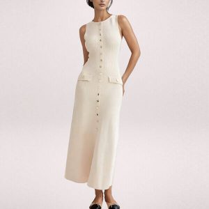Elegant Ribbed Knit Tank Midi Dress – White