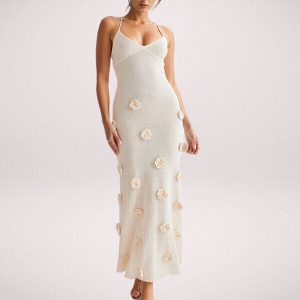Crochet Maxi Dress With Flowers – Nude