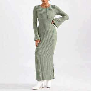 Flare sleeve knitted sweater maxi dress