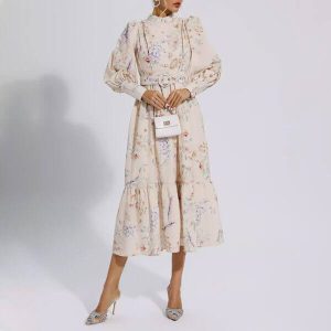 Floral print puff sleeve midi shirt dress