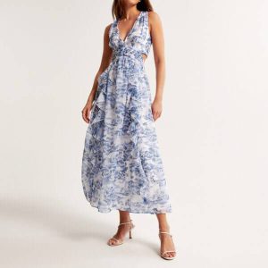 Sleeveless v neck printing lace up back maxi dress