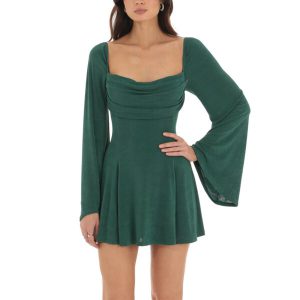Flare sleeve a line backless mini dress – green