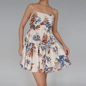 Floral Print Linen Lace Up Dress