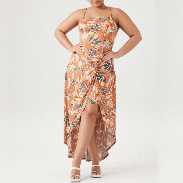 Asymmetric Ruffle Print Long Halter Plus Size Dress