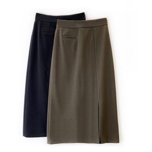 Back Zipper Slit Straight Long Skirt