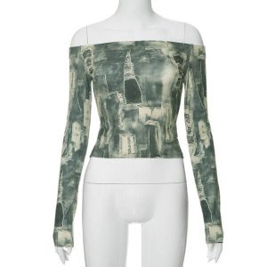 Off Shoulder Long Sleeve Printed Fitted Women T-shirts
